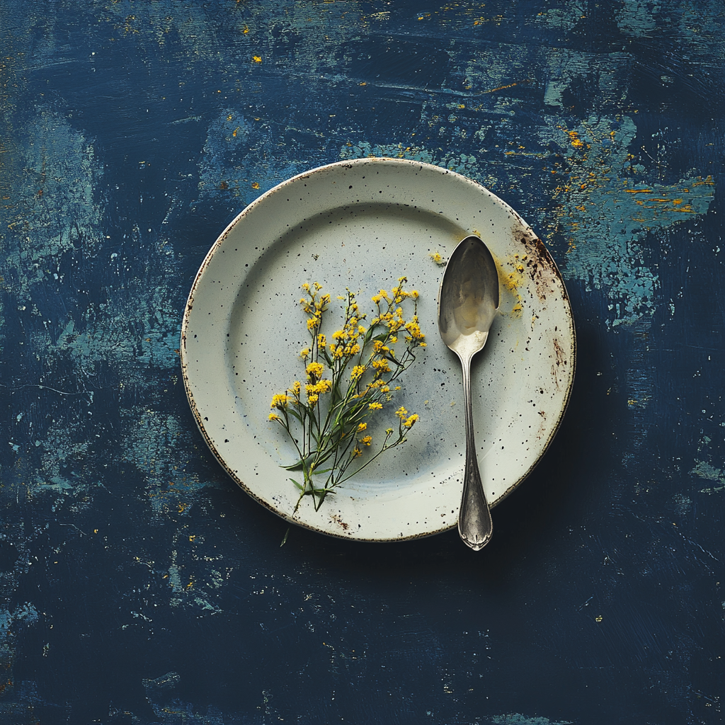 Dirty plate with spoon, fork, mimosa on blue background