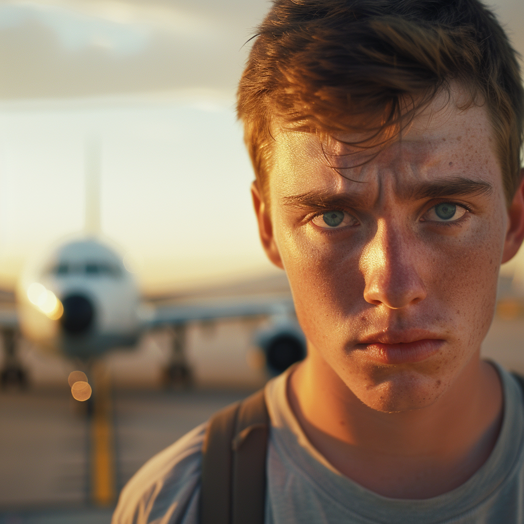 Disappointed man in t-shirt with airliner background