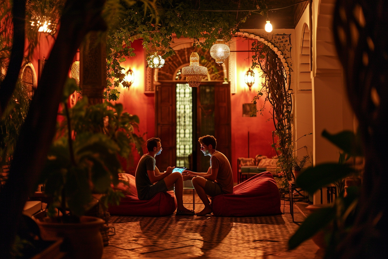 Two European Men Laughing and Talking on Red Moroccan Cushions