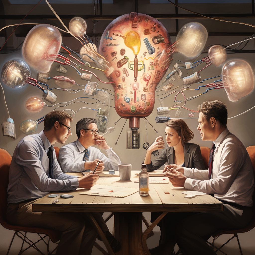 Group discussing ideas with visual thought icons
