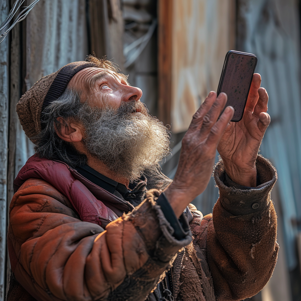 Disheveled beggar with tears and smile looking at the sky