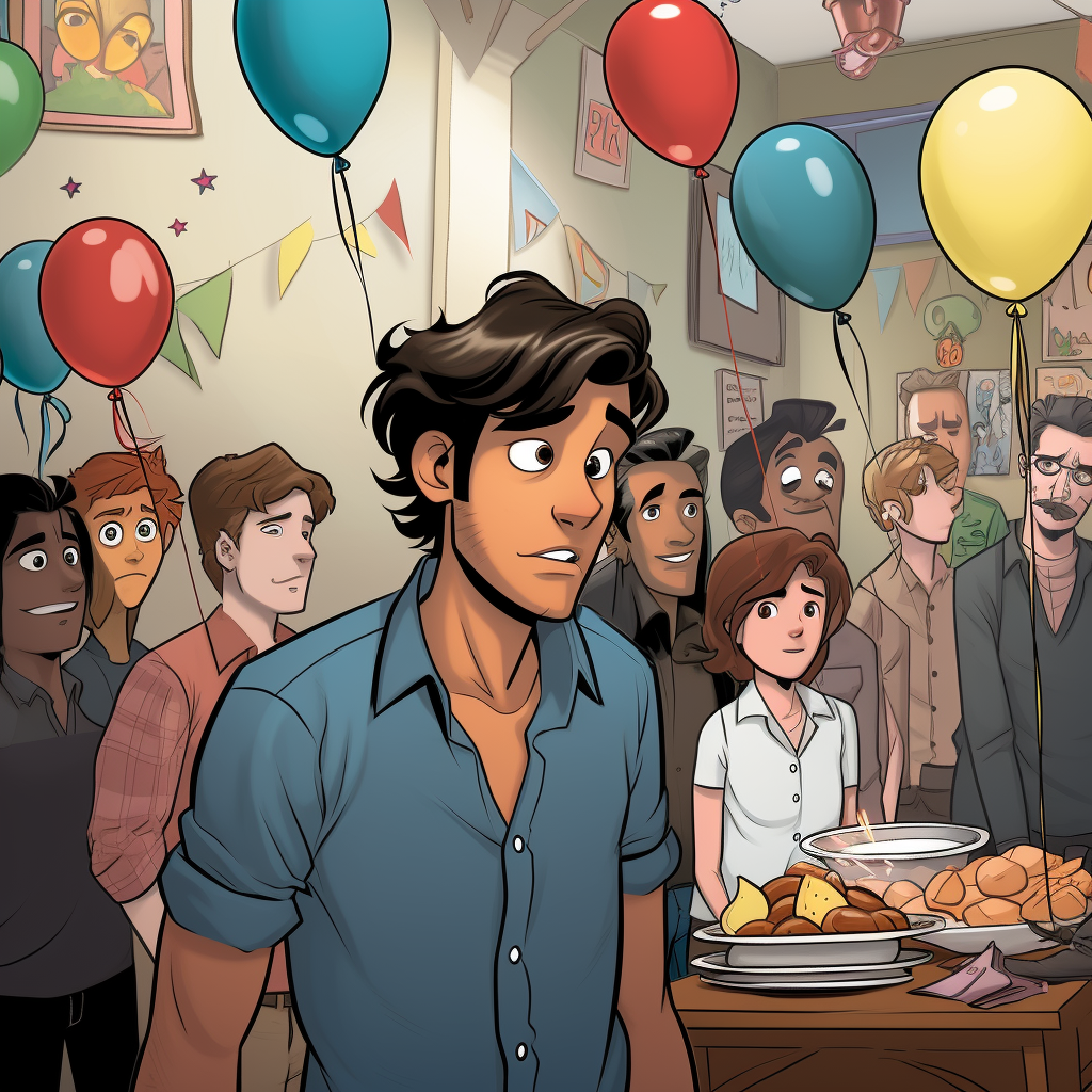Indian guy in denim shirt and jeans at Disney comic party