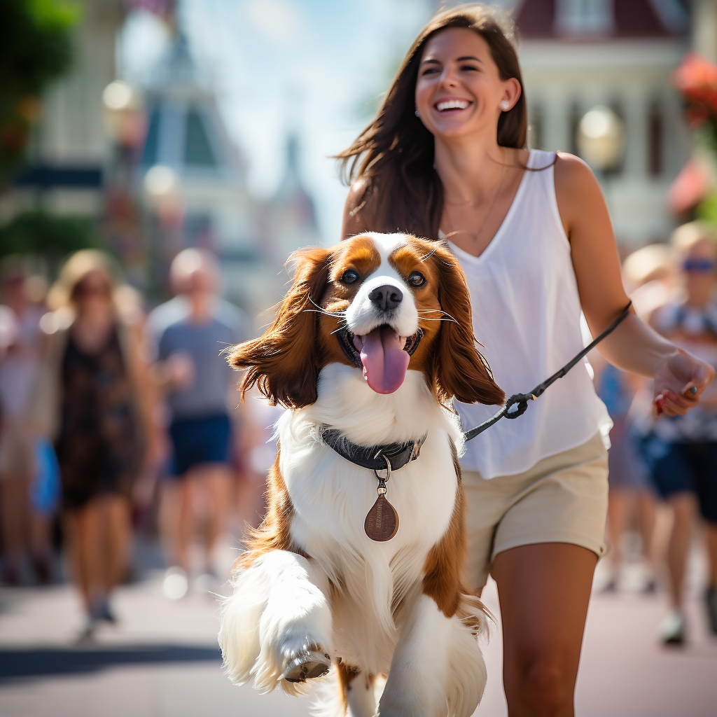 Blenheim Cavalier King Charles Spaniel and her owner smiling