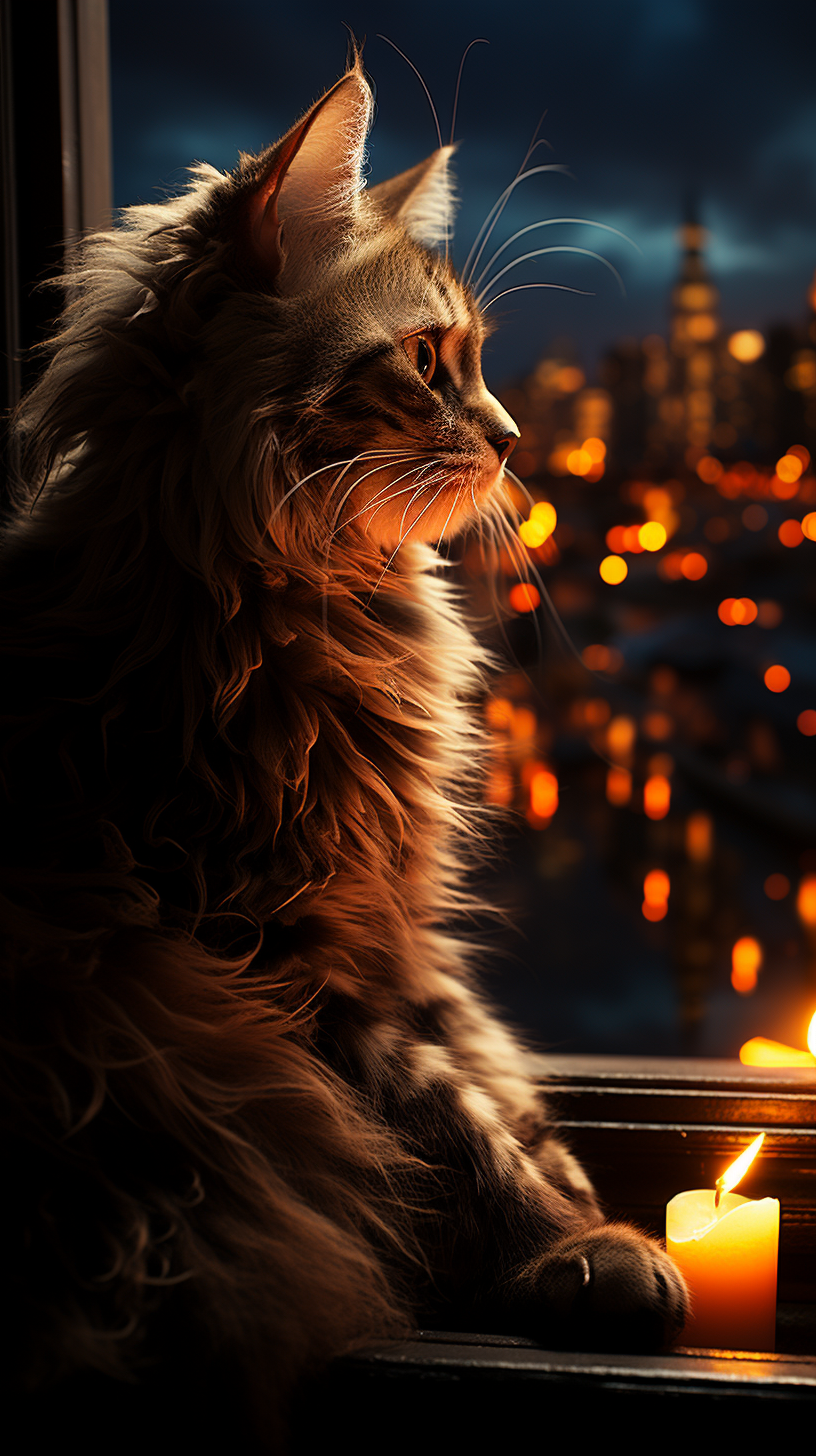 Hyper realistic distant cat in cinematic ambiance