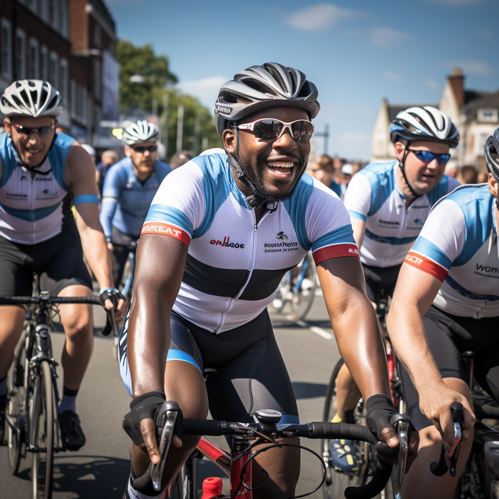 Diverse group cycling in charity event