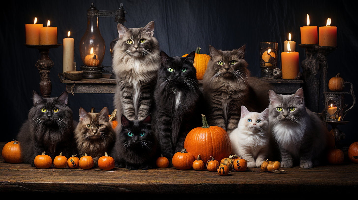 Group of diverse Halloween cats