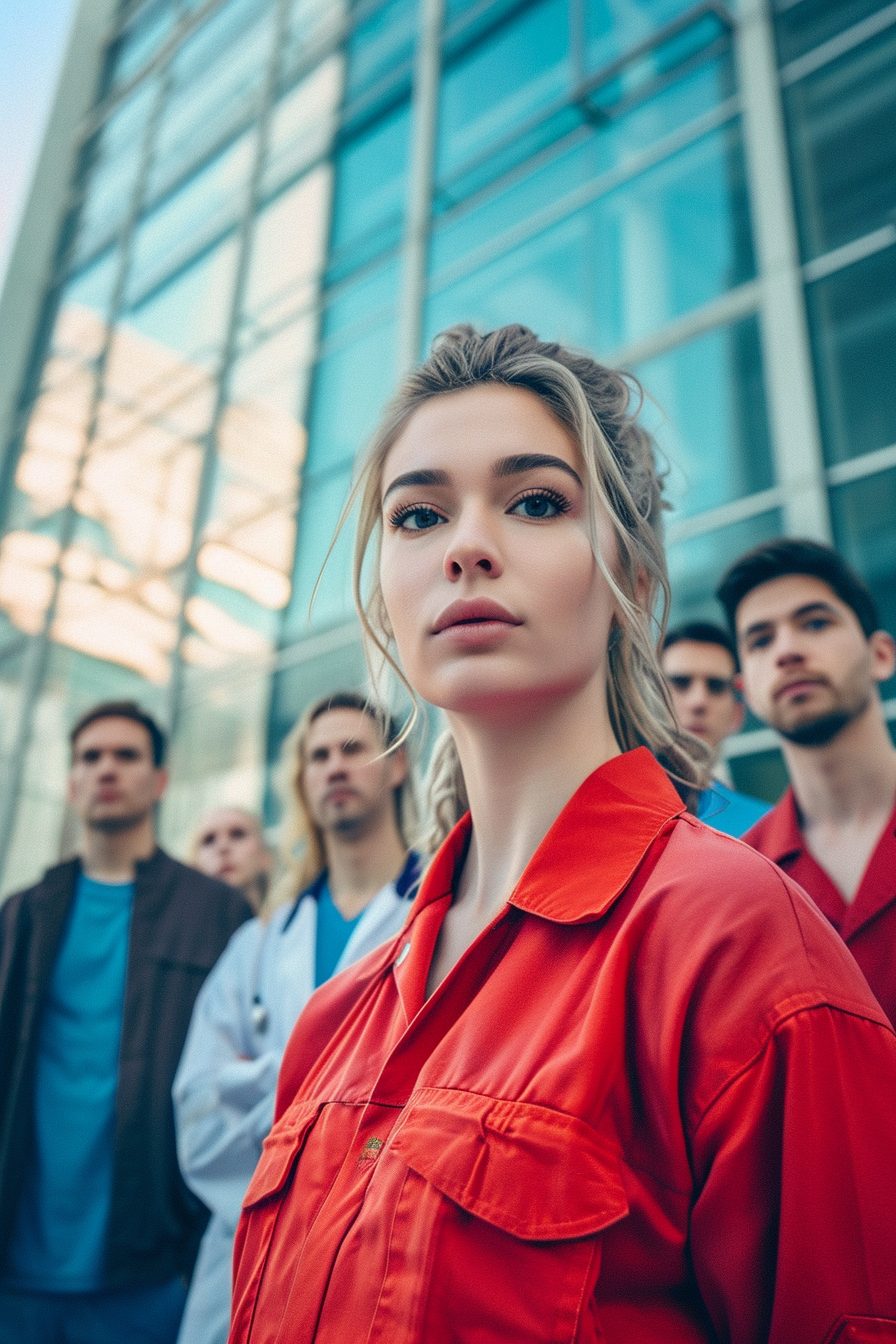 Diverse professional team in front of glass facade