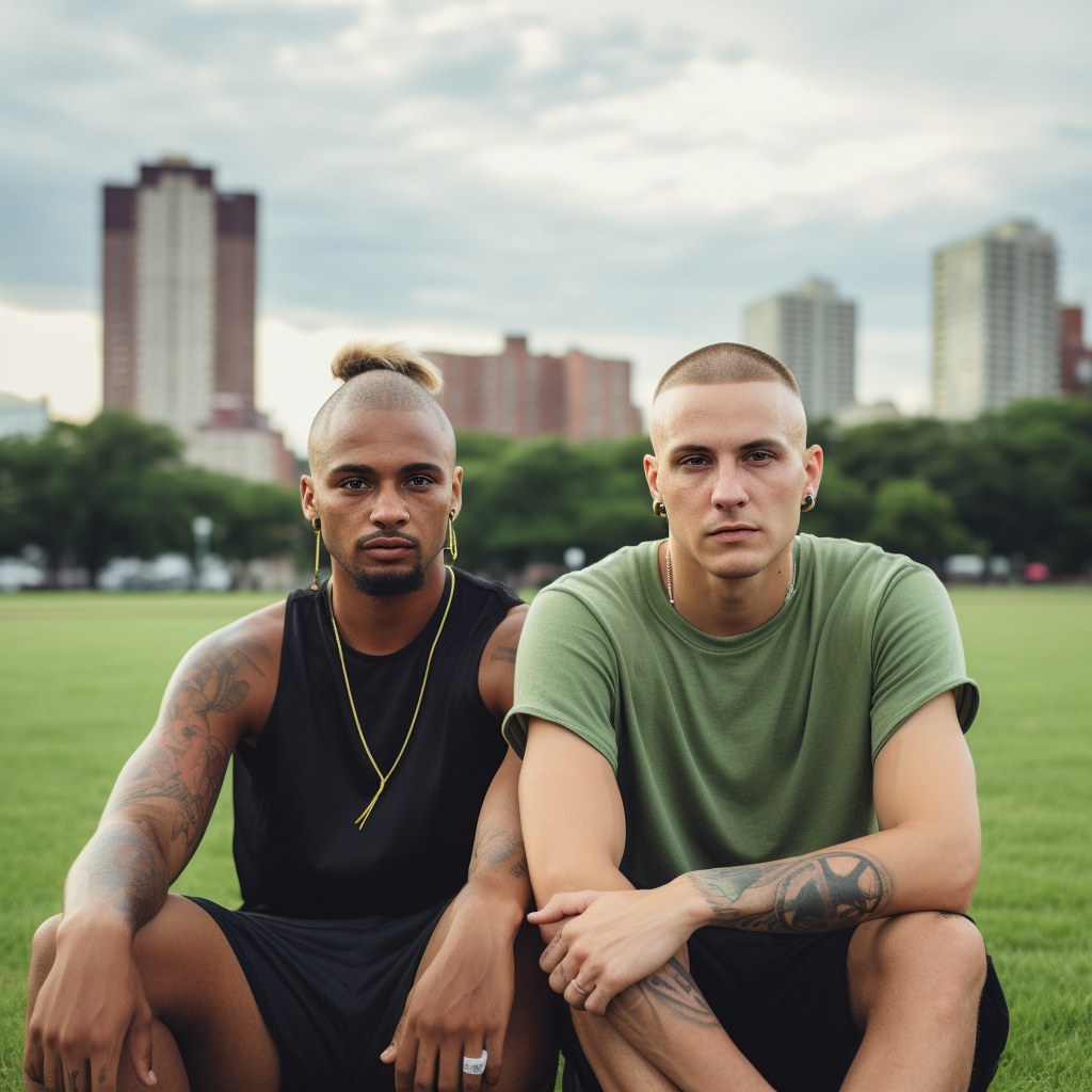 Diverse male couple wrestling in urban park