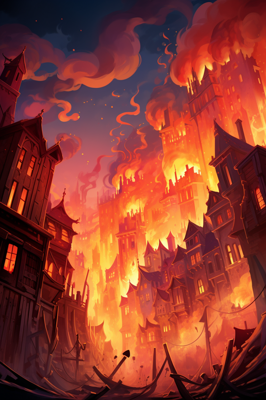 Burning buildings in Dixit Art Style