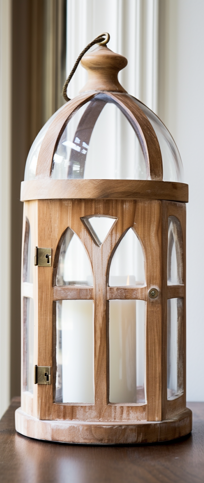 Close up of white painted lantern with glass window