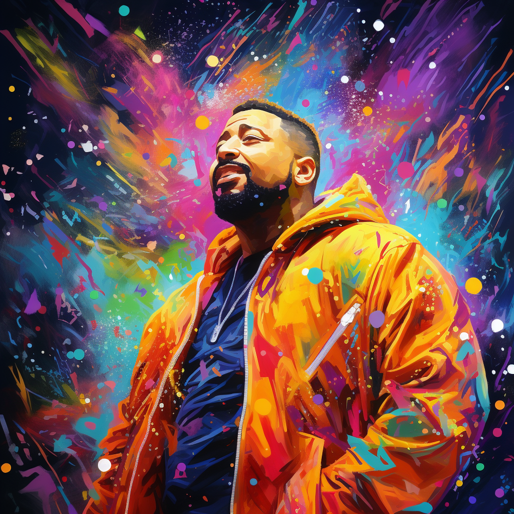 Portrait of DJ Khaled in vibrant cosmos