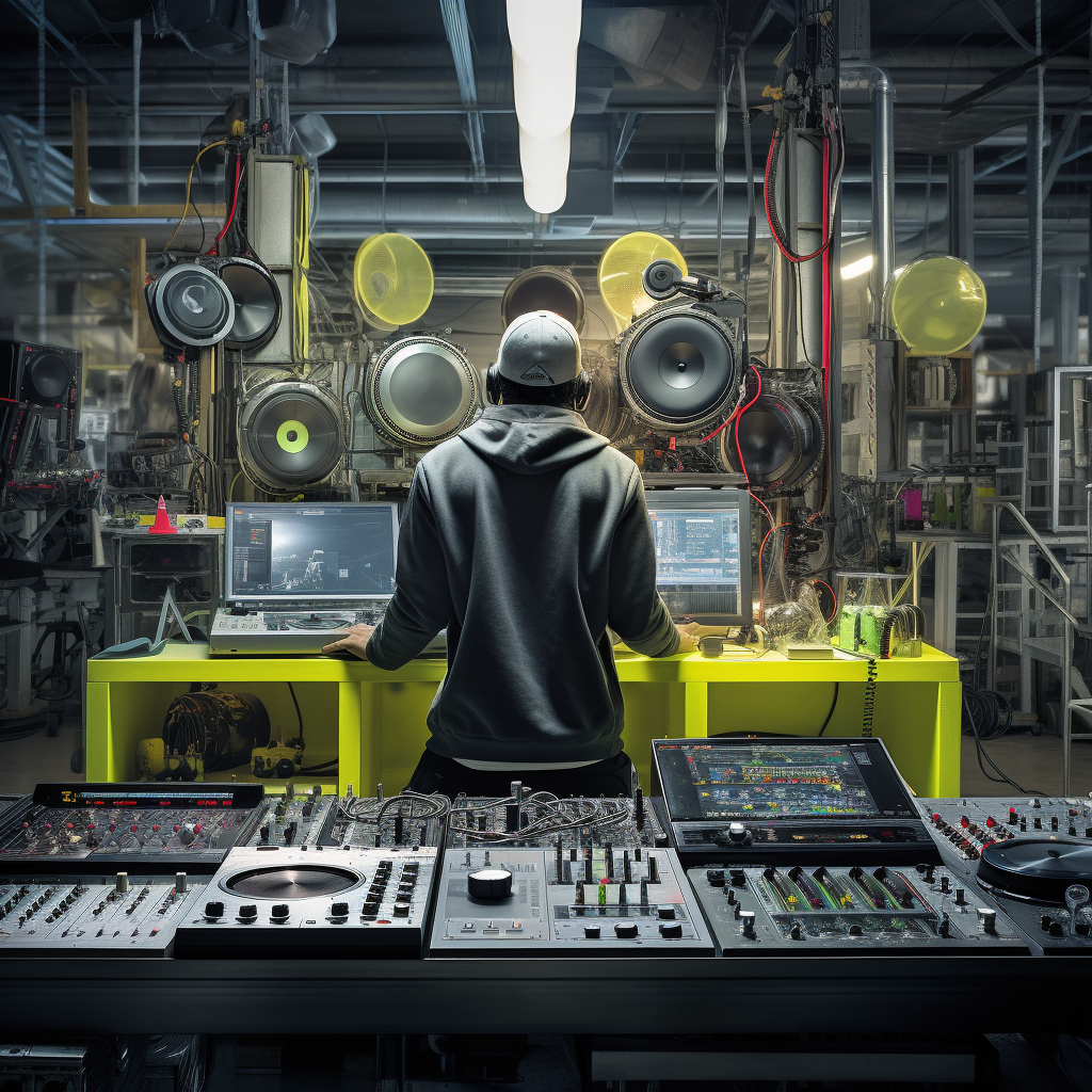 DJ playing music on factory floor next to assembly line
