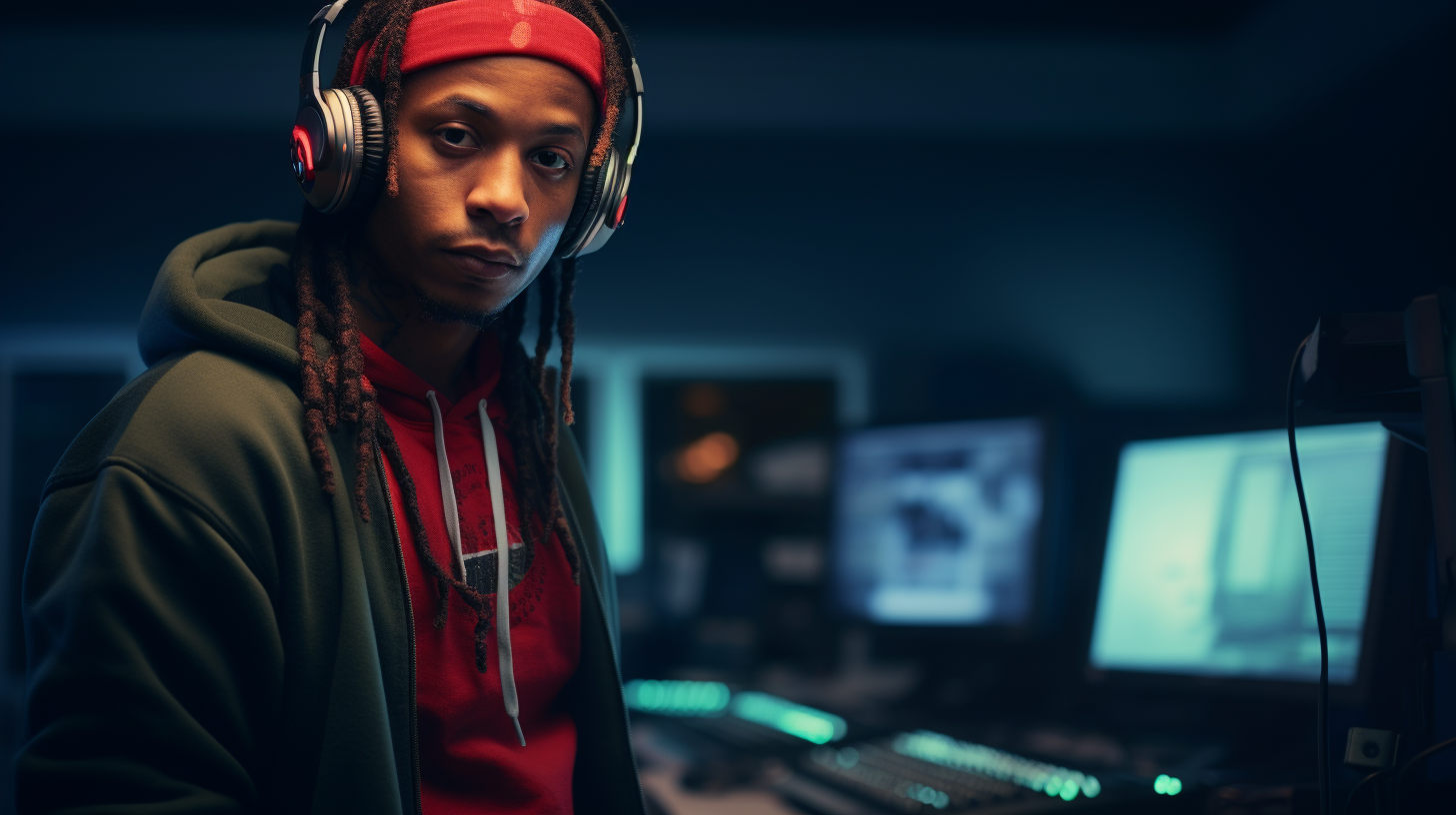 African American DJ Quik in Jonathan Mannion-inspired videogame room
