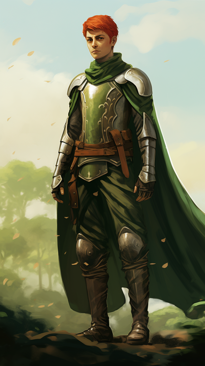 Muscular DND half elf character in green metal armor