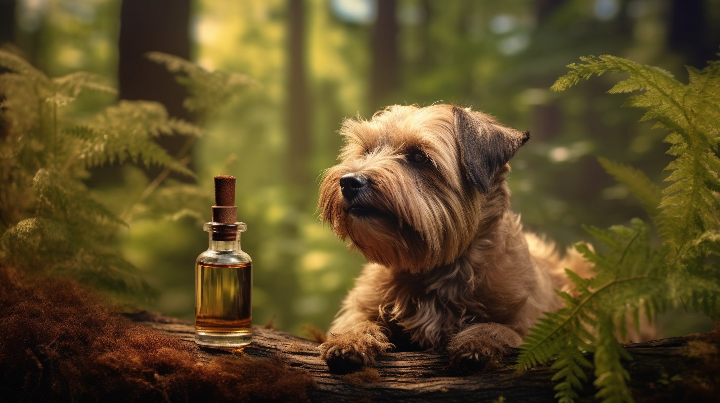 Dog with Brown Bottle in Forest