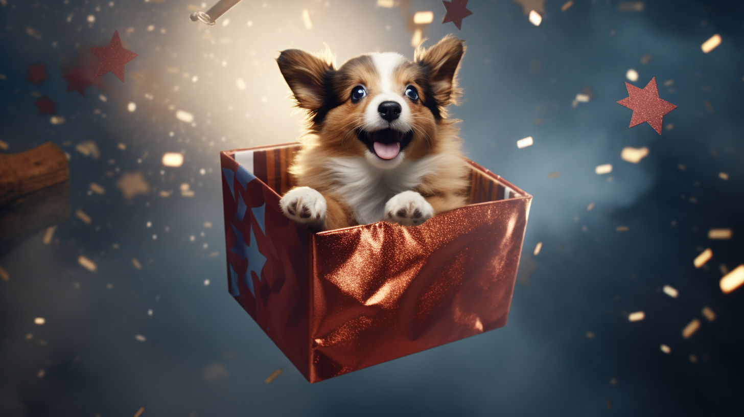 Cute dog puppy in a gift box in space