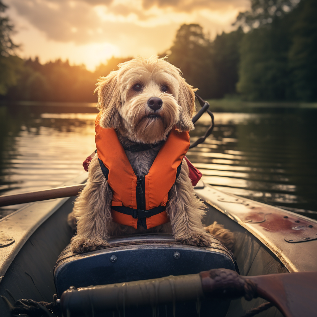 Dog in Canoe with Life Jacket