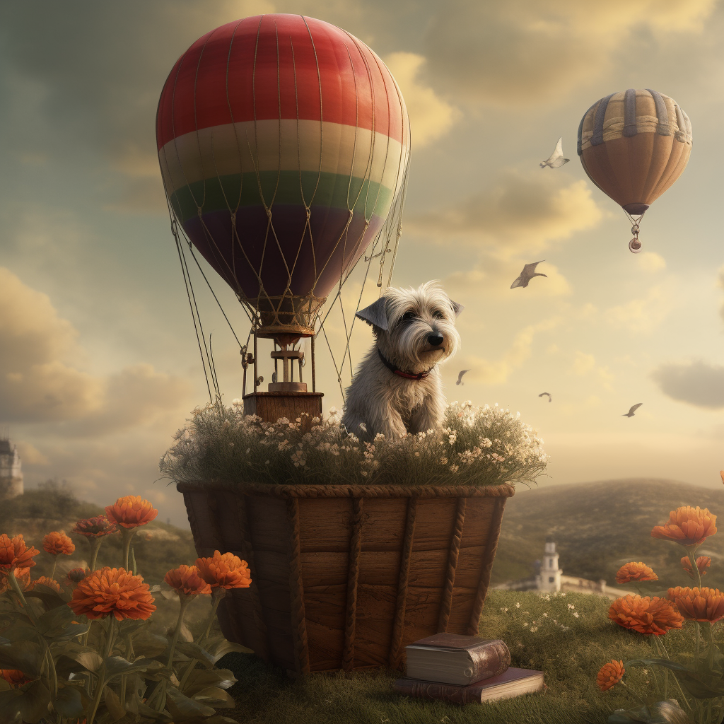 Dog sitting in basket with flowers and air balloon