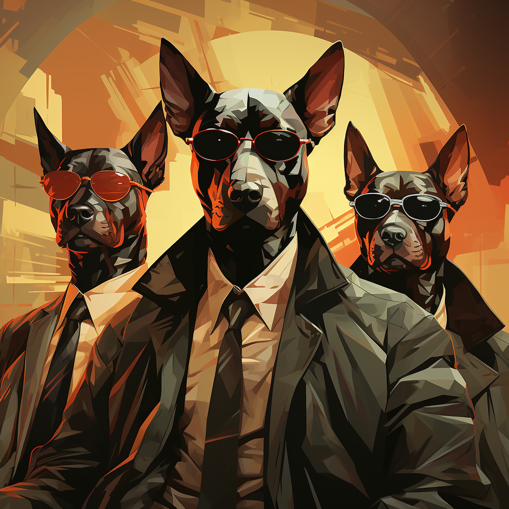 Minimalist vector illustration of dogs as mobsters