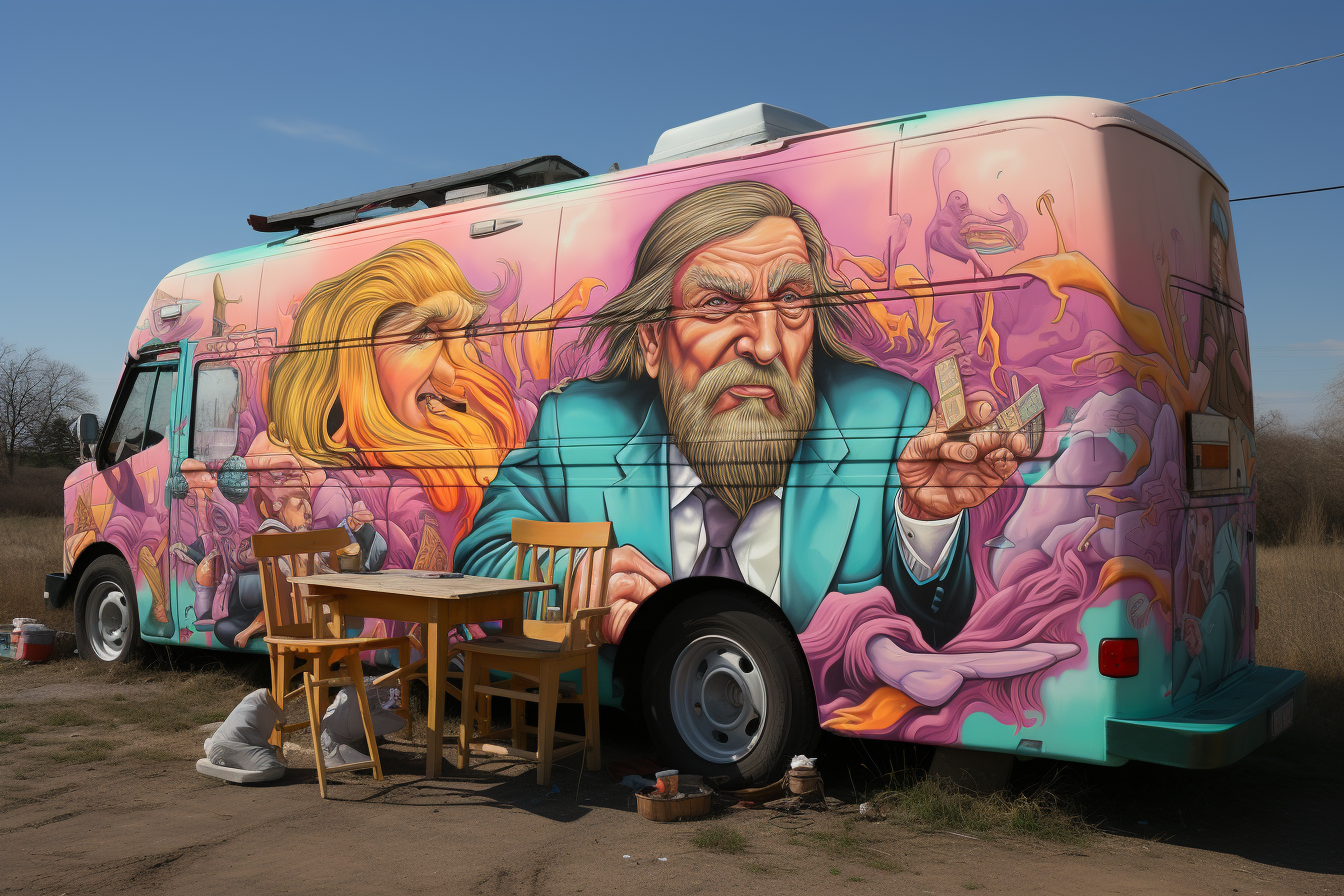 Donald Trump and Rasputin conversing with a sausage mural