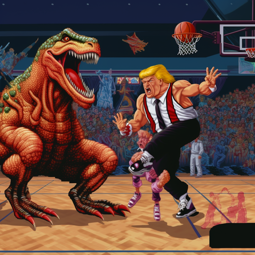 Donald Trump getting dunked on by a T-Rex