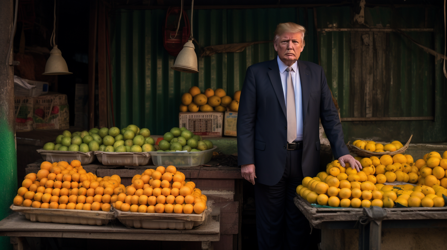 Donald Trump selling oranges outside Indian fruits store