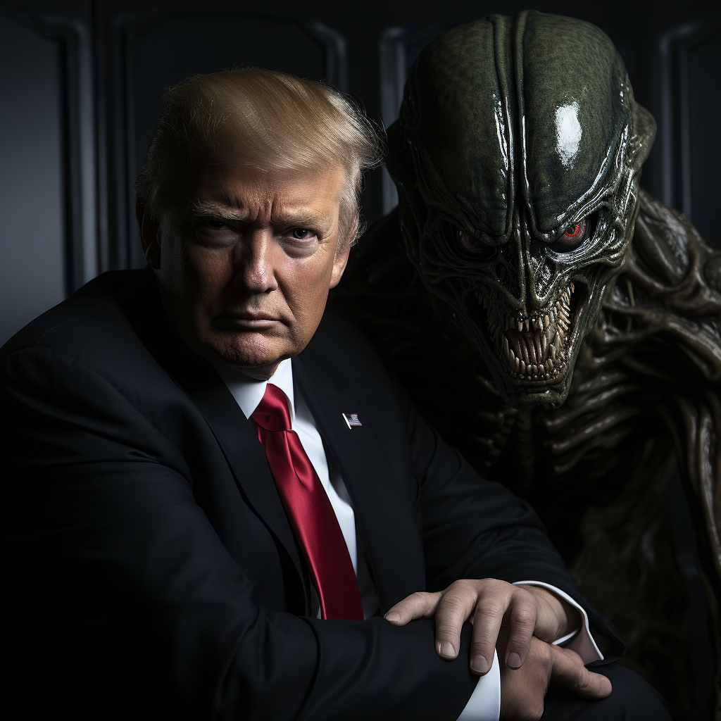 Donald Trump negotiating with an alien artwork