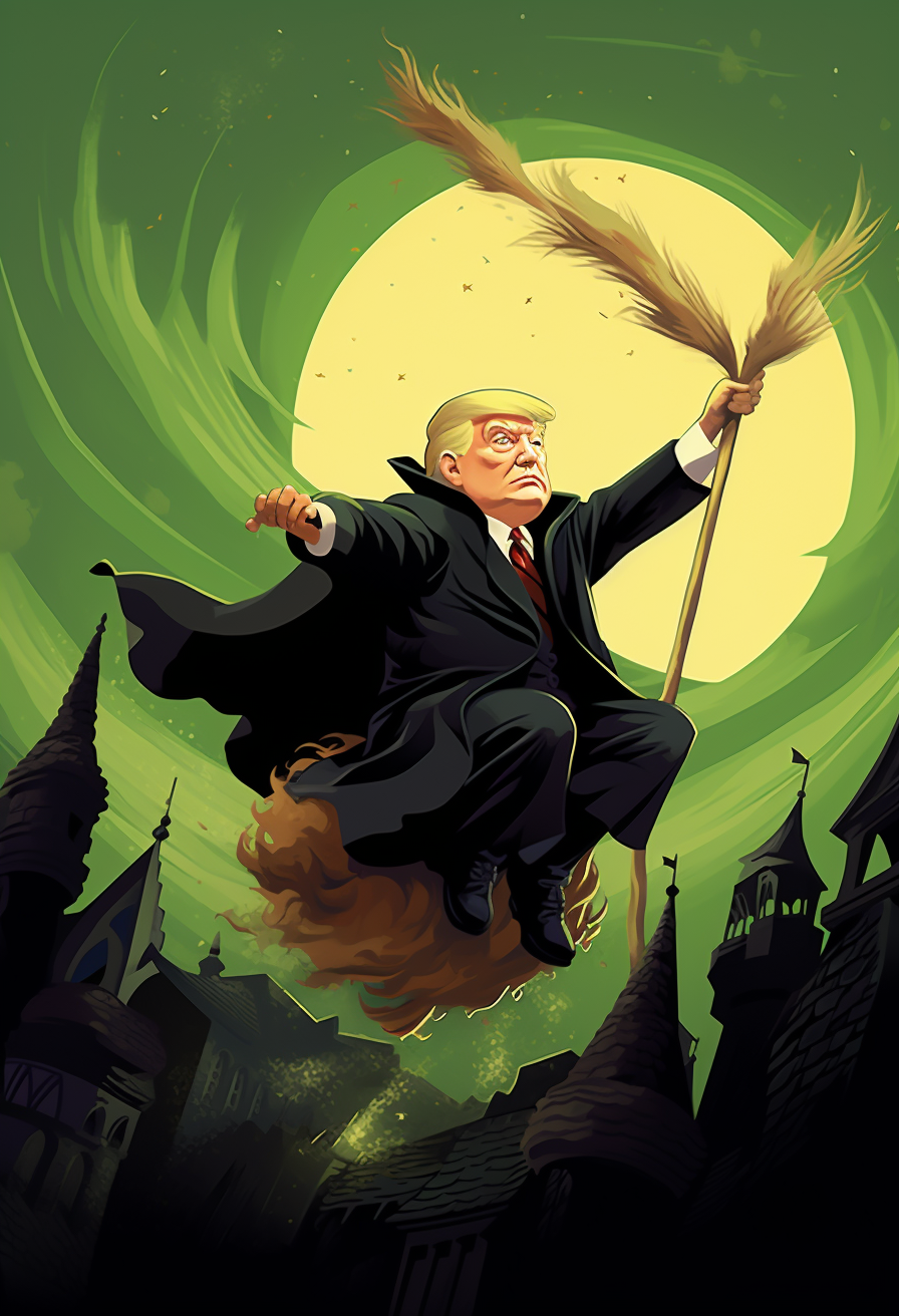 Donald Trump riding witch's broom