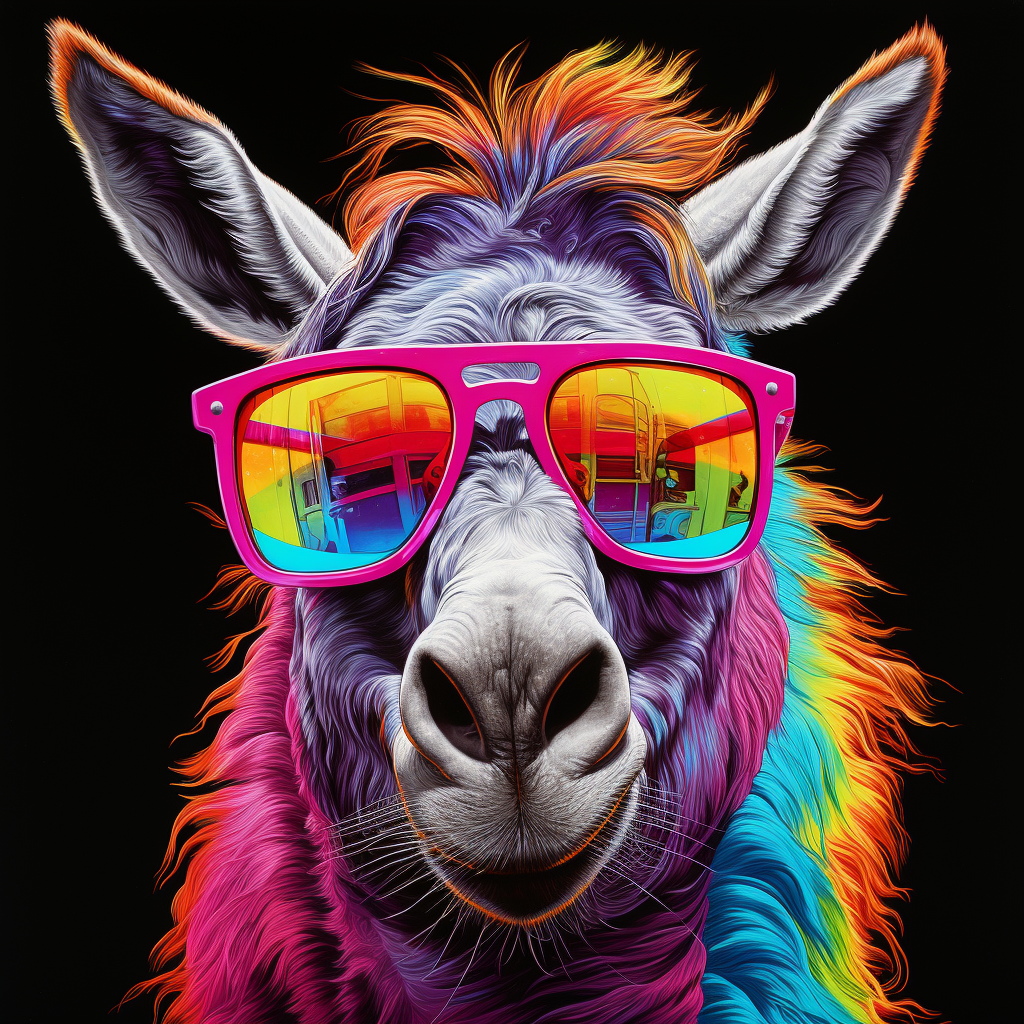 Donkey in Sunglasses poses in vibrant colors