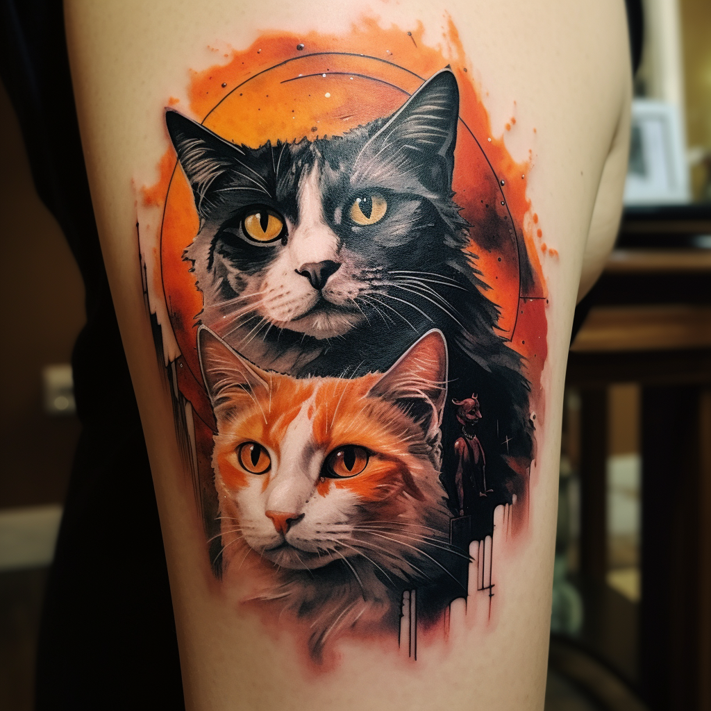 Comic-style tattoo of Donnie and Darko, my cats