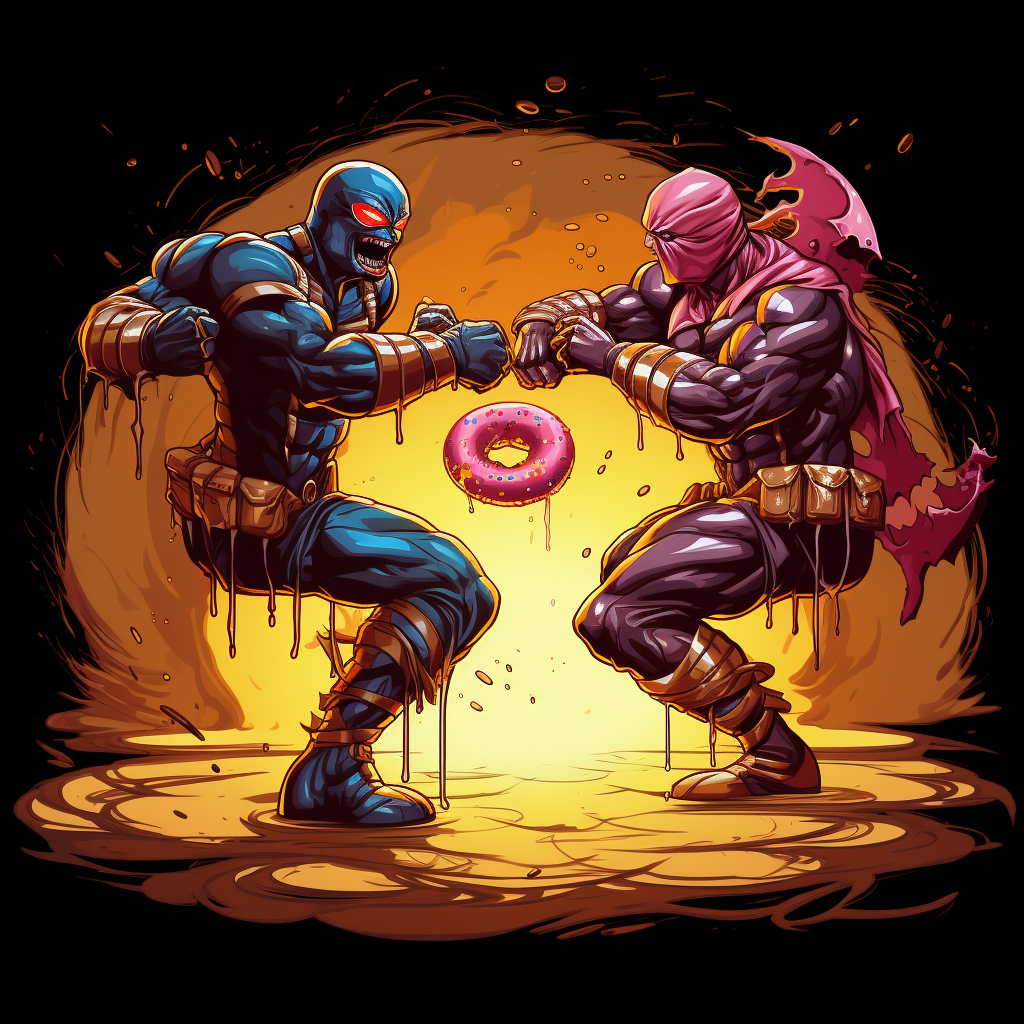 Donuts battling in Mortal Kombat style.