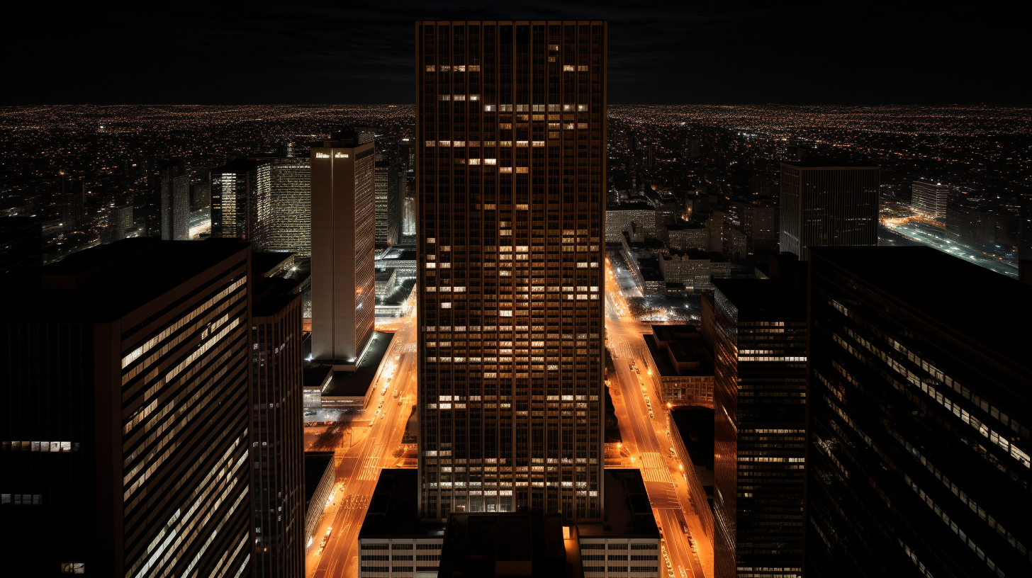 Aerial view of a slender skyscraper in downtown Chicago