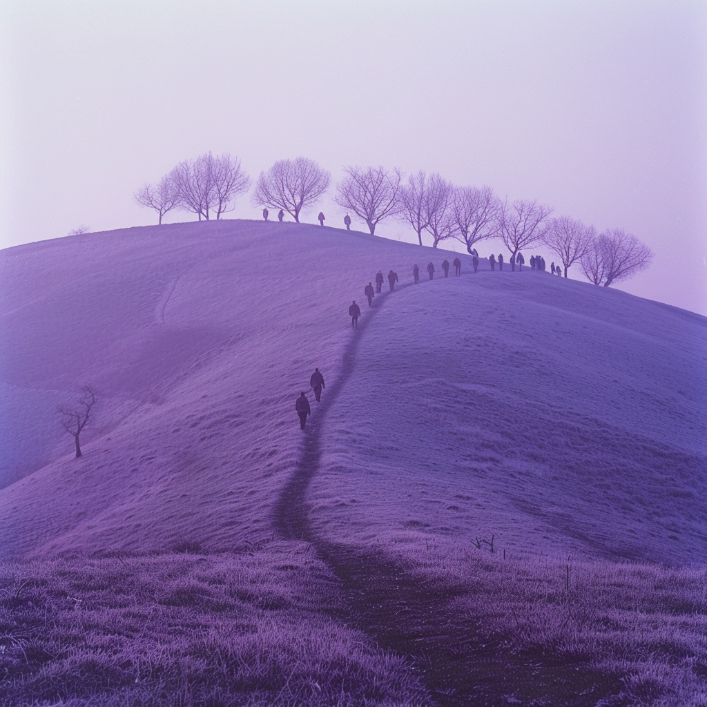 People Walking Up Violet Hill