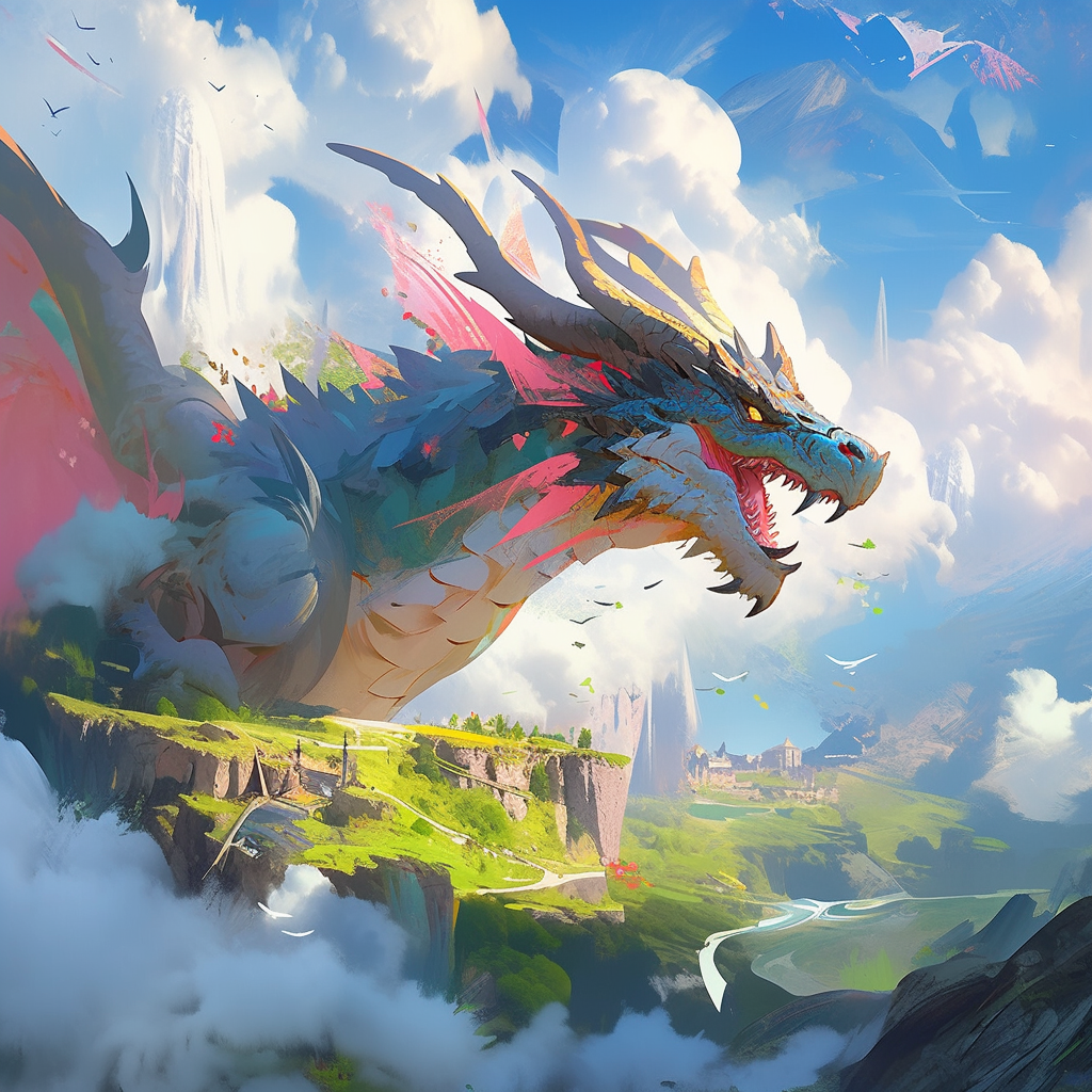 Dragon on landscape fighting archer