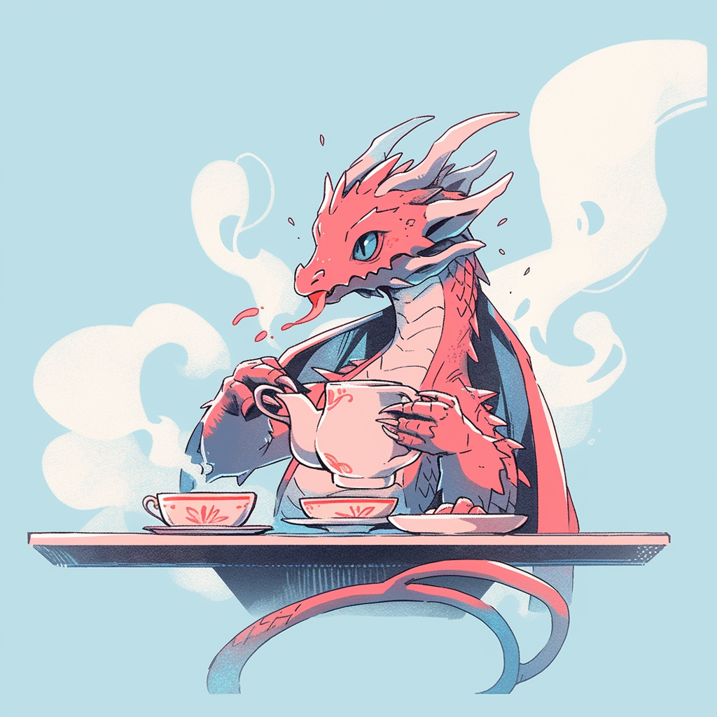 Dragon sipping tea retro flat riso print