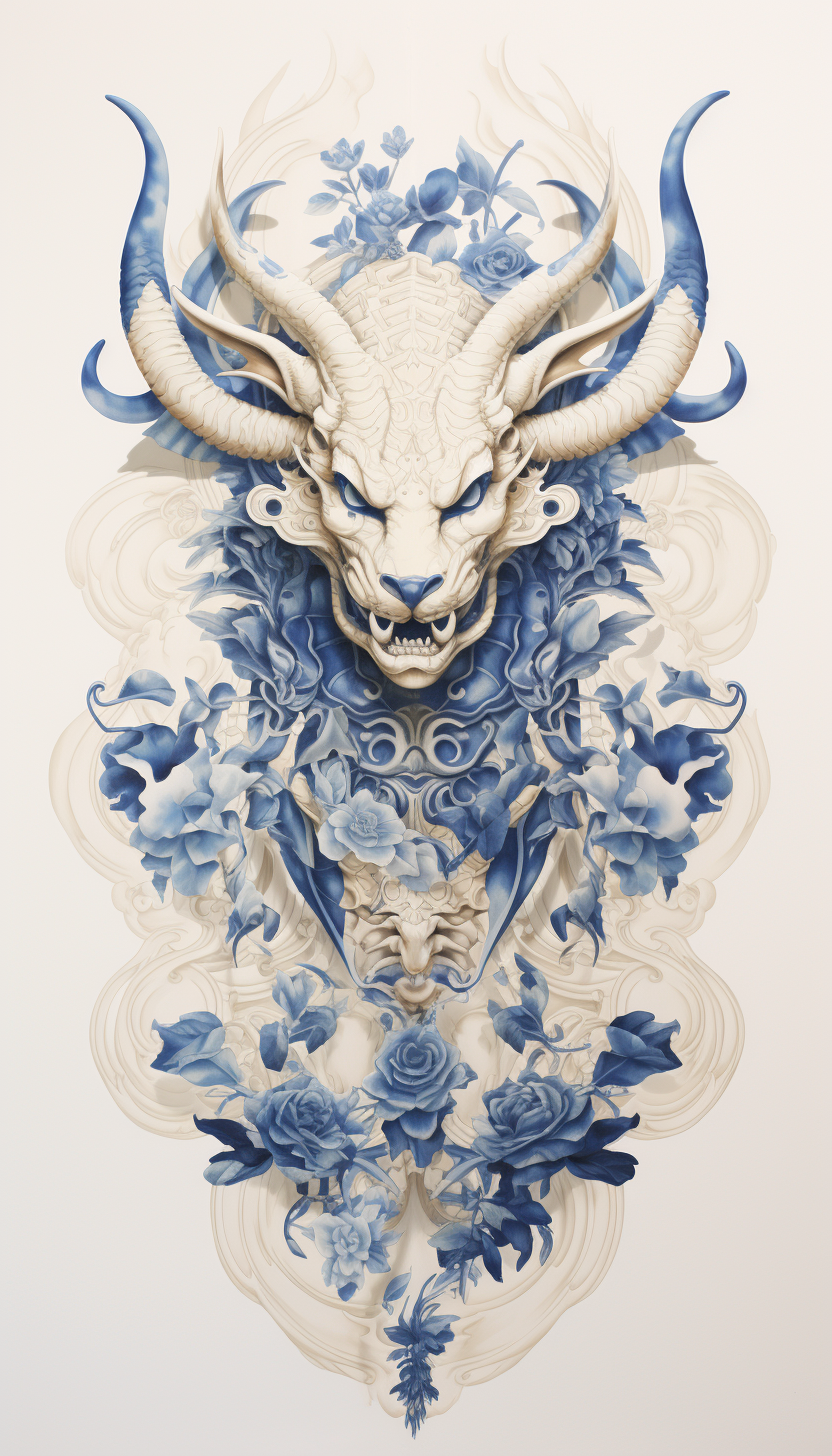 Dragon embroidery pattern with peony, ghost mask, and bats