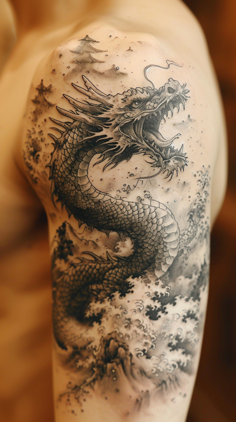 Dragon Tattoo on Arm with Intricate Scales and Mountain Mist