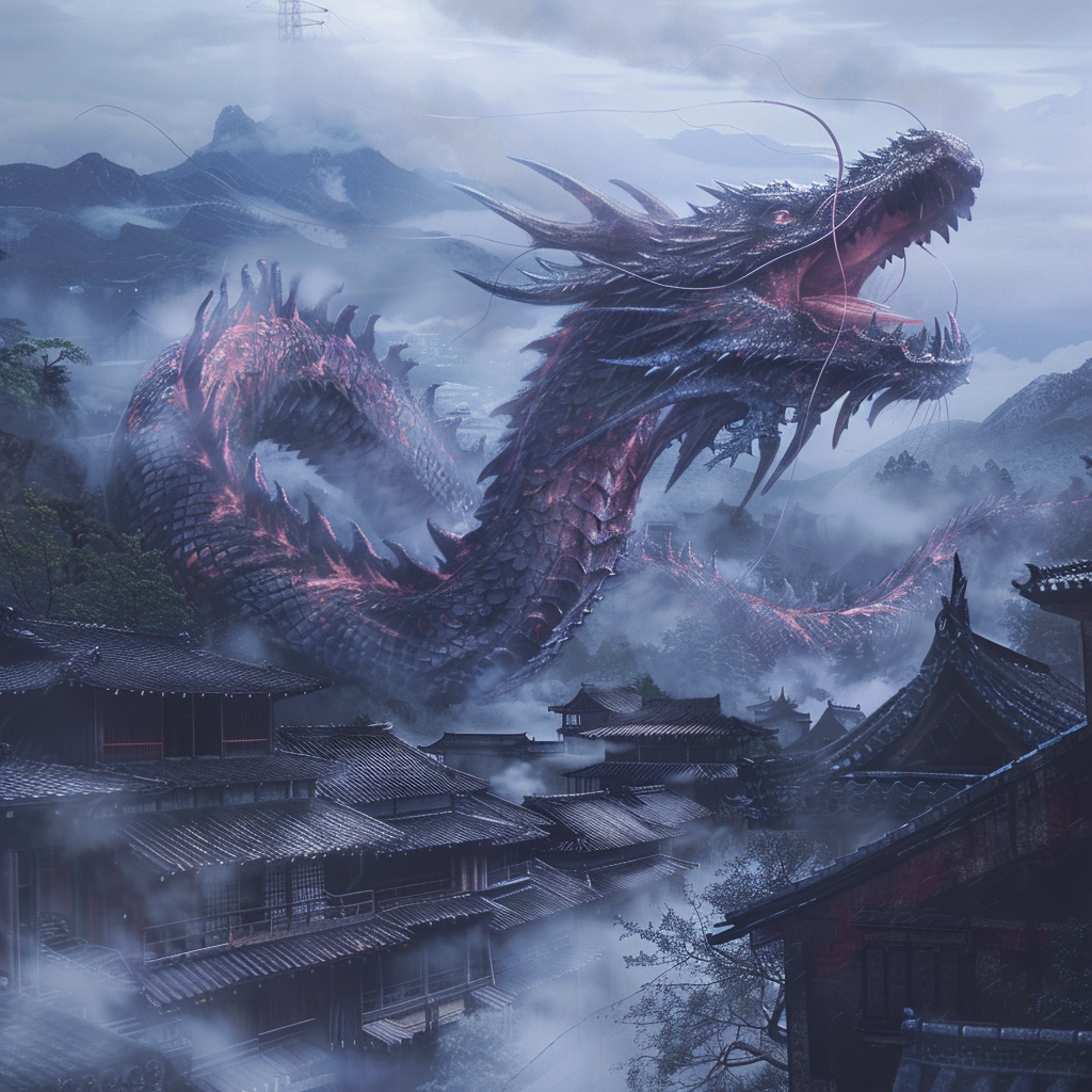 Dragon emerging from fog