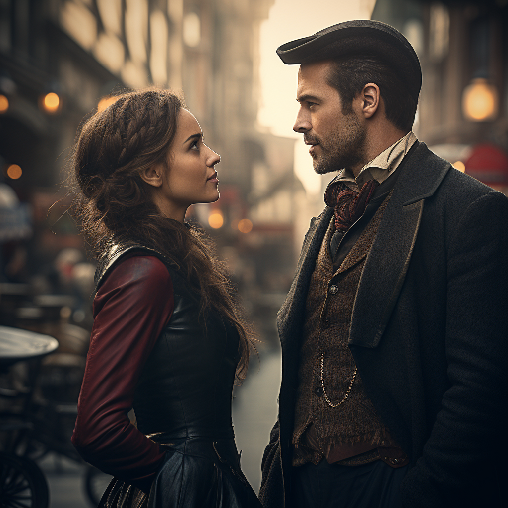 Man looking at woman in steampunk city