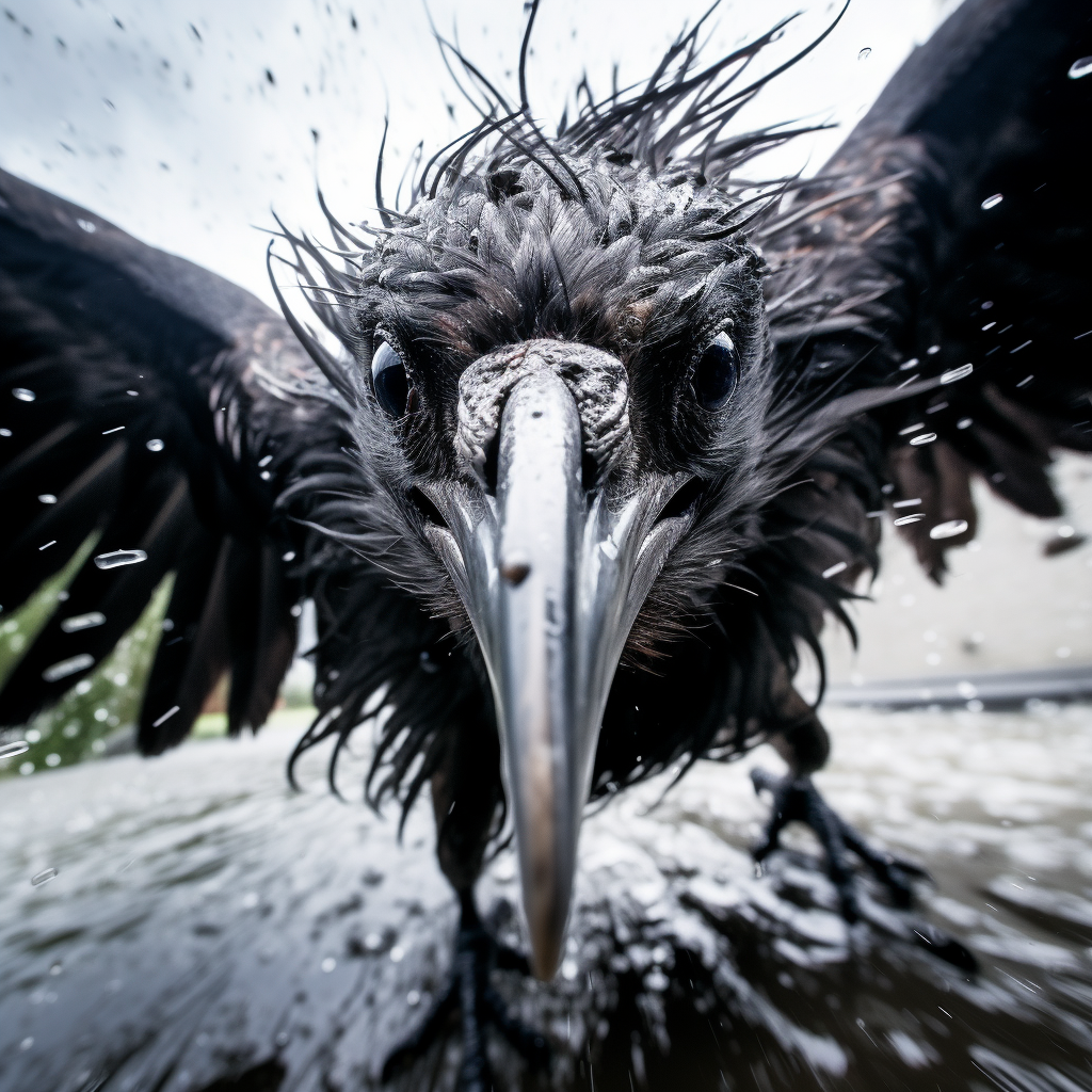 Black crow diving in storm