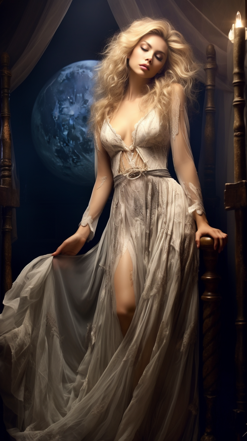 Beautiful Dream Woman in Long Blonde Hair and Lace Nightgown