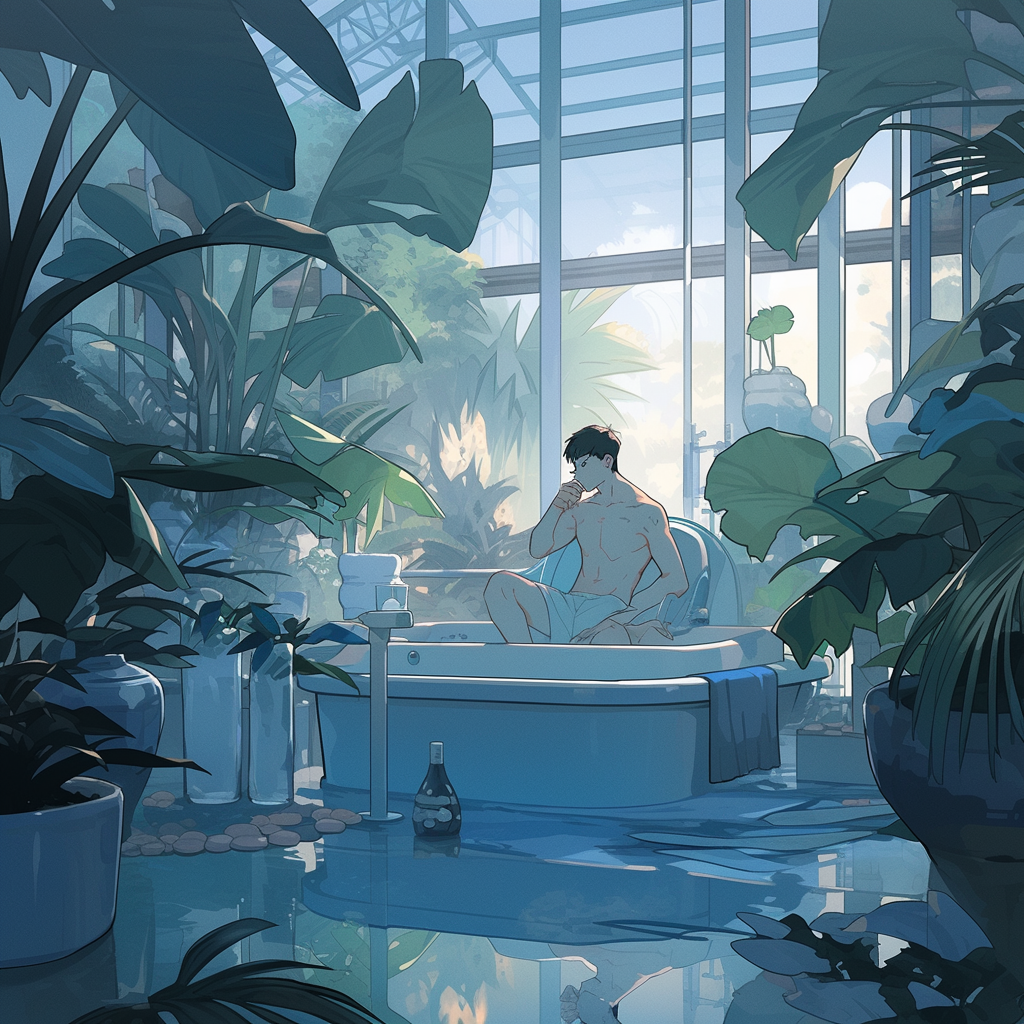 Dreamy man in milky pool mirroring plants