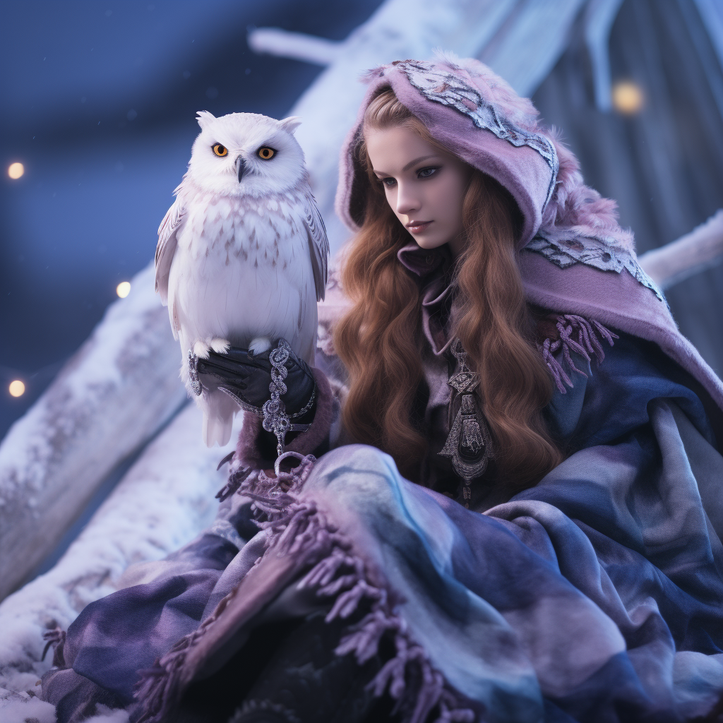 Small Druid Fairy with Owl in Snow