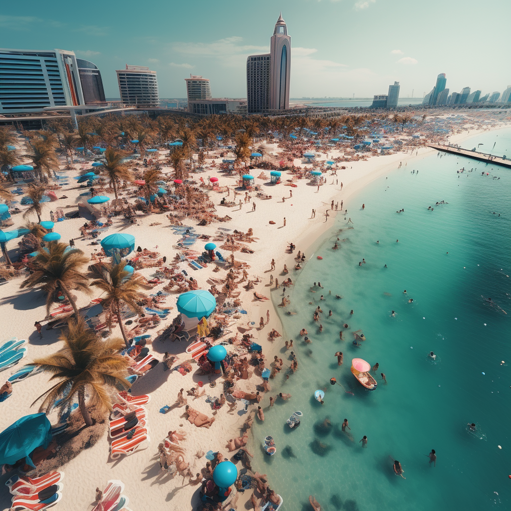 Tourists sunbathing on Dubai beach with VR helmets