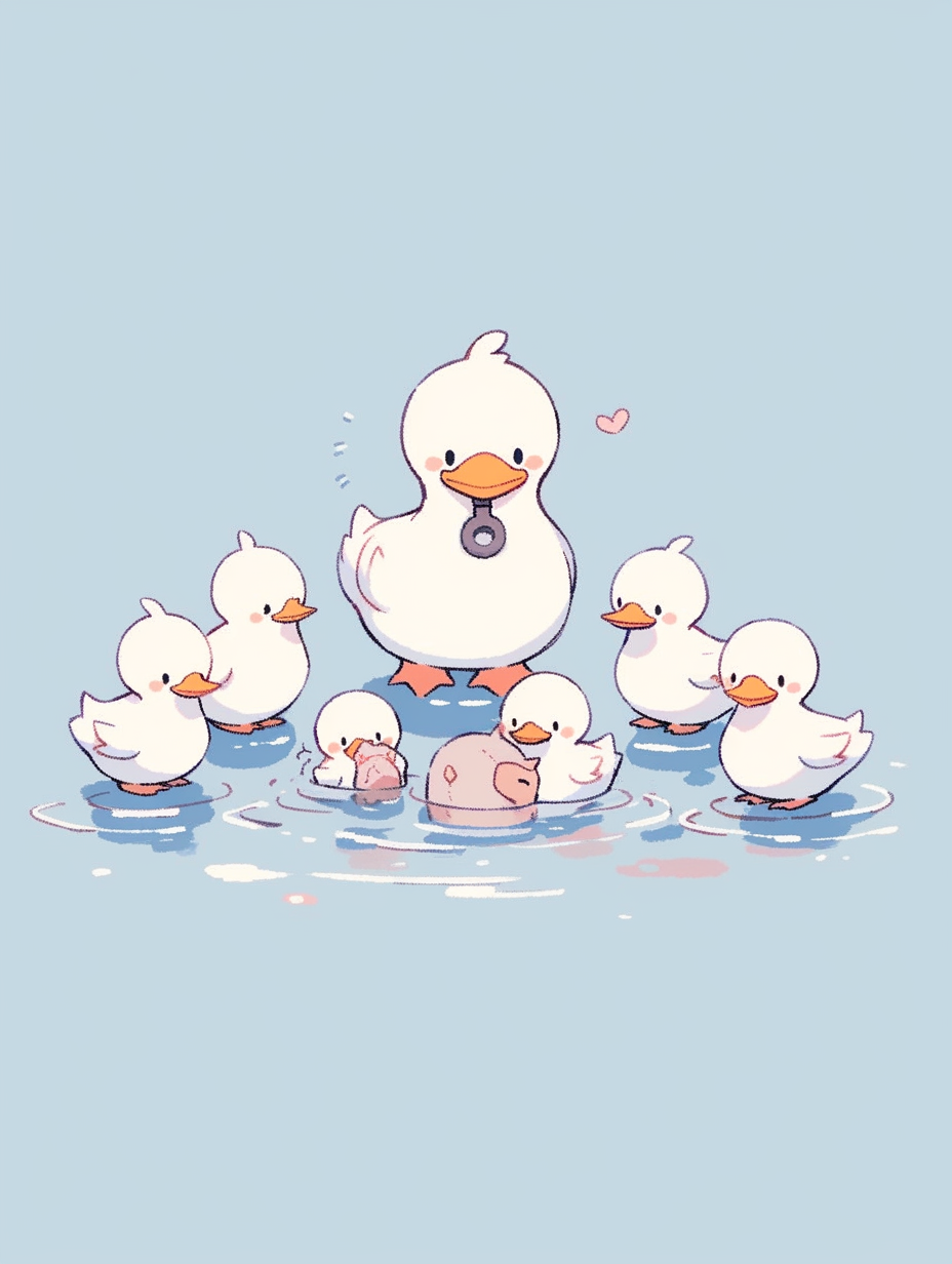 Duck teaching swimming lessons in doodle style