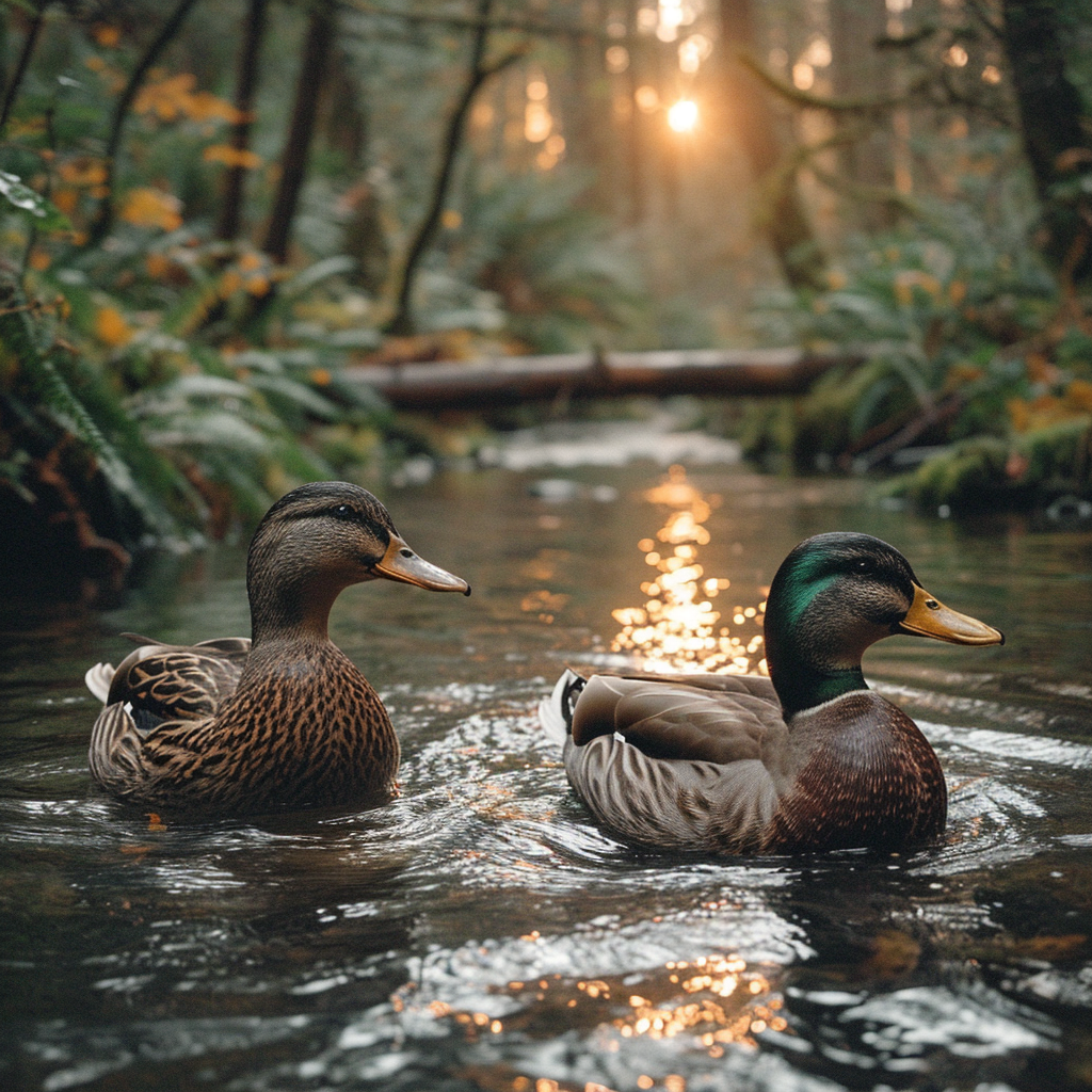 Ducks in Love Swimming in River