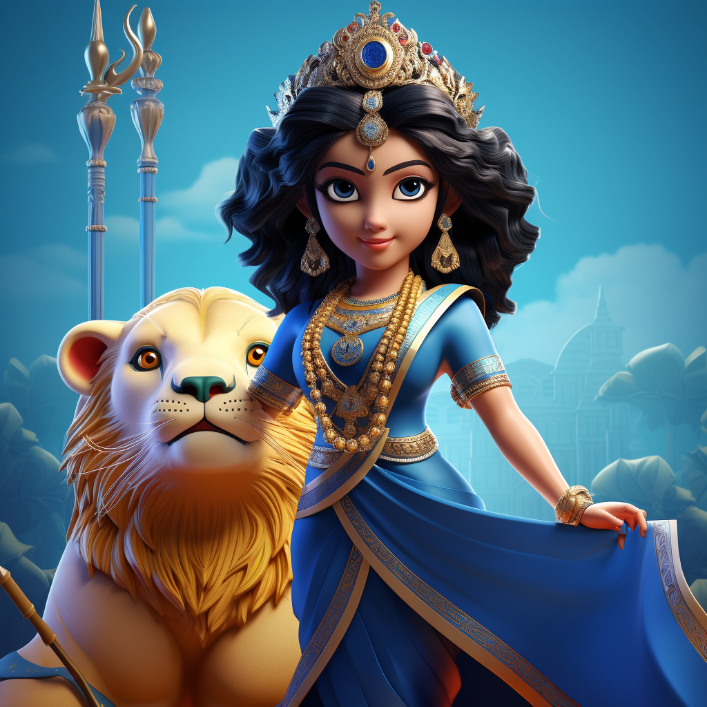 Gorgeous Lord Durga in Blue Saree with Lion