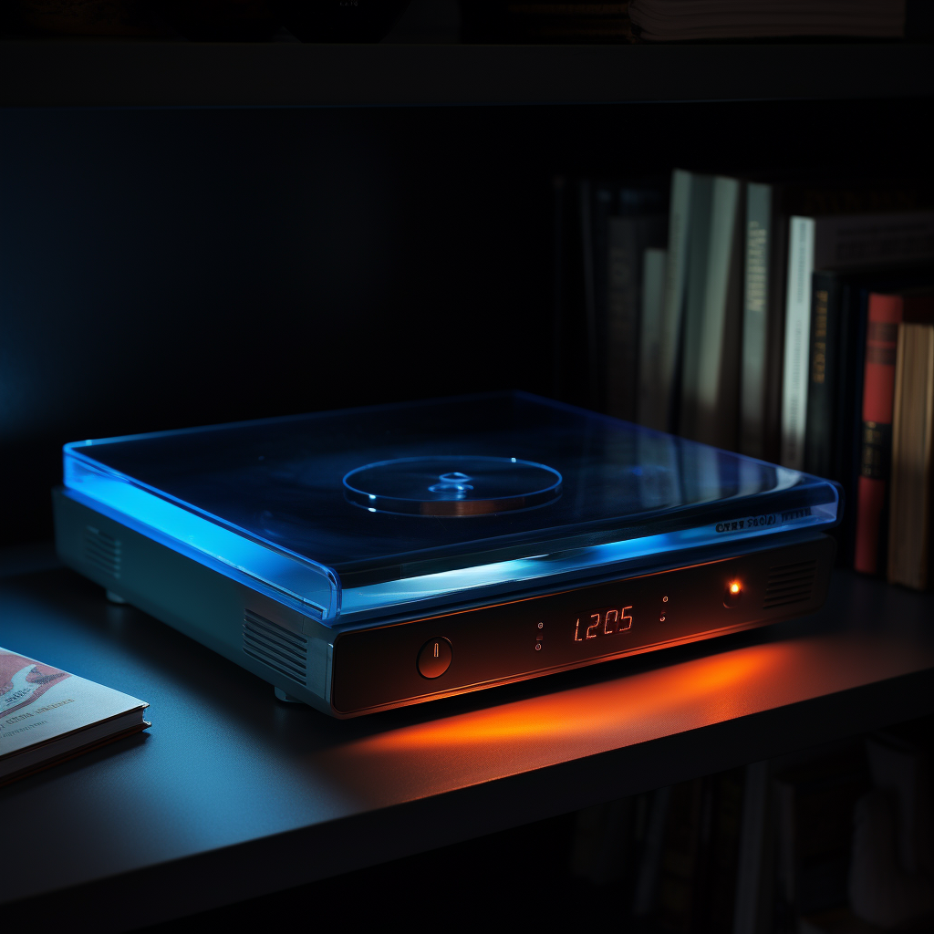 Glowing DVD player in darkness