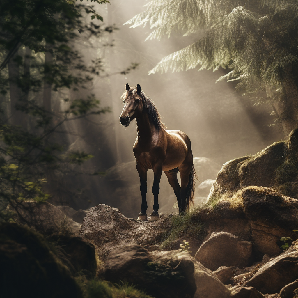 Majestic horse made of rocks in forest