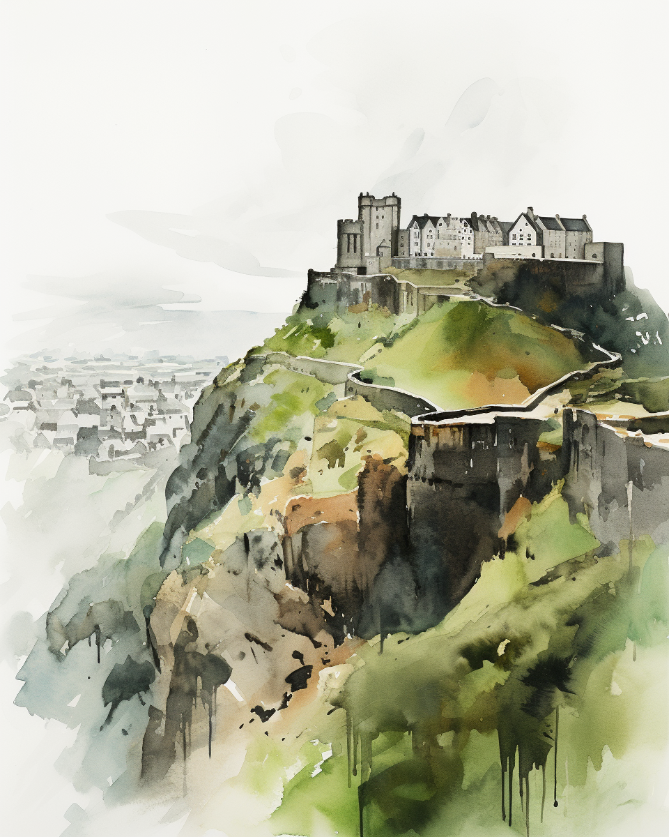 Expressive watercolor sketch of Edinburgh from an unusual angle
